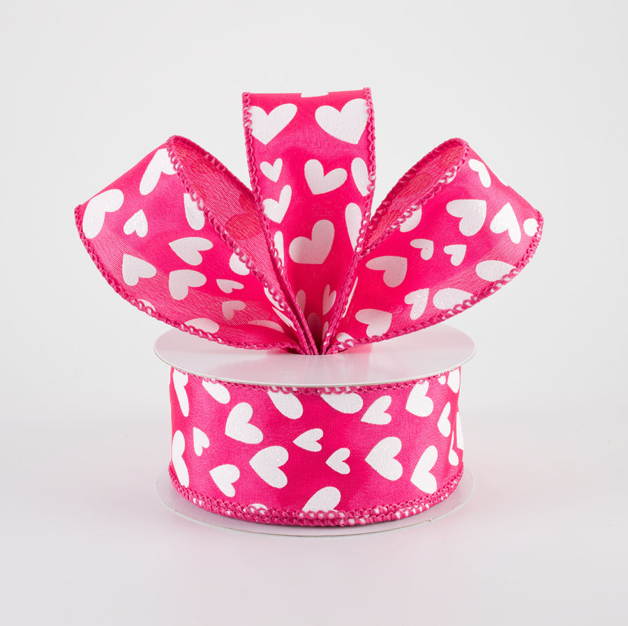 1.5" Satin Benson Hearts Ribbon: Fuchsia Pink & White (10 Yards)