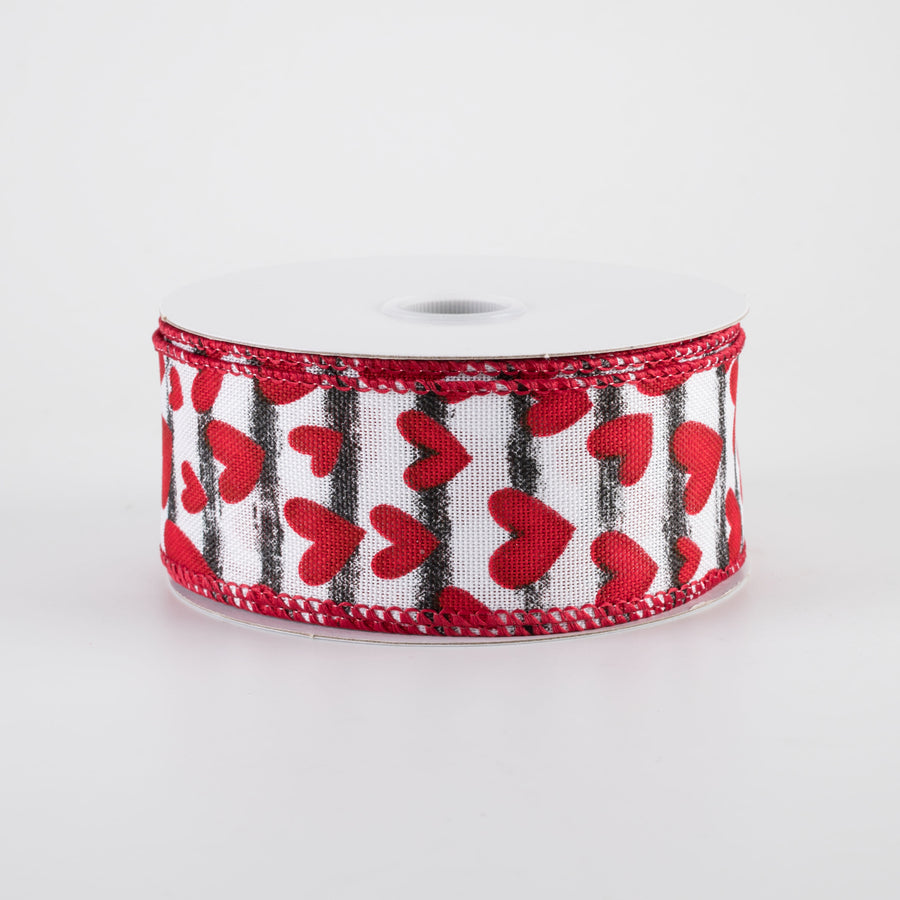 1.5" Linen Benson Red Hearts Ribbon: Black & White Watercolor Stripes (10 Yards)