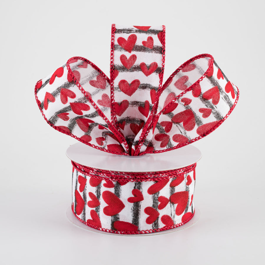 1.5" Linen Benson Red Hearts Ribbon: Black & White Watercolor Stripes (10 Yards)