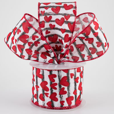 2.5" Linen Benson Red Hearts Ribbon: Black & White Watercolor Stripes (10 Yards)