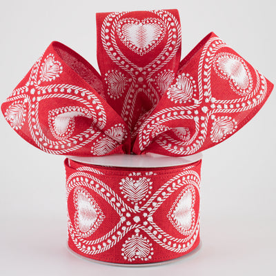 2.5" Linen Cat Eye Lace Hearts Ribbon: Red (10 Yards)