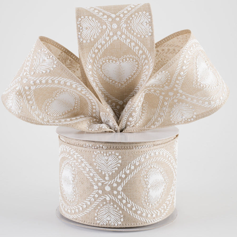 2.5" Linen Cat Eye Lace Hearts Ribbon: Natural Beige (10 Yards)