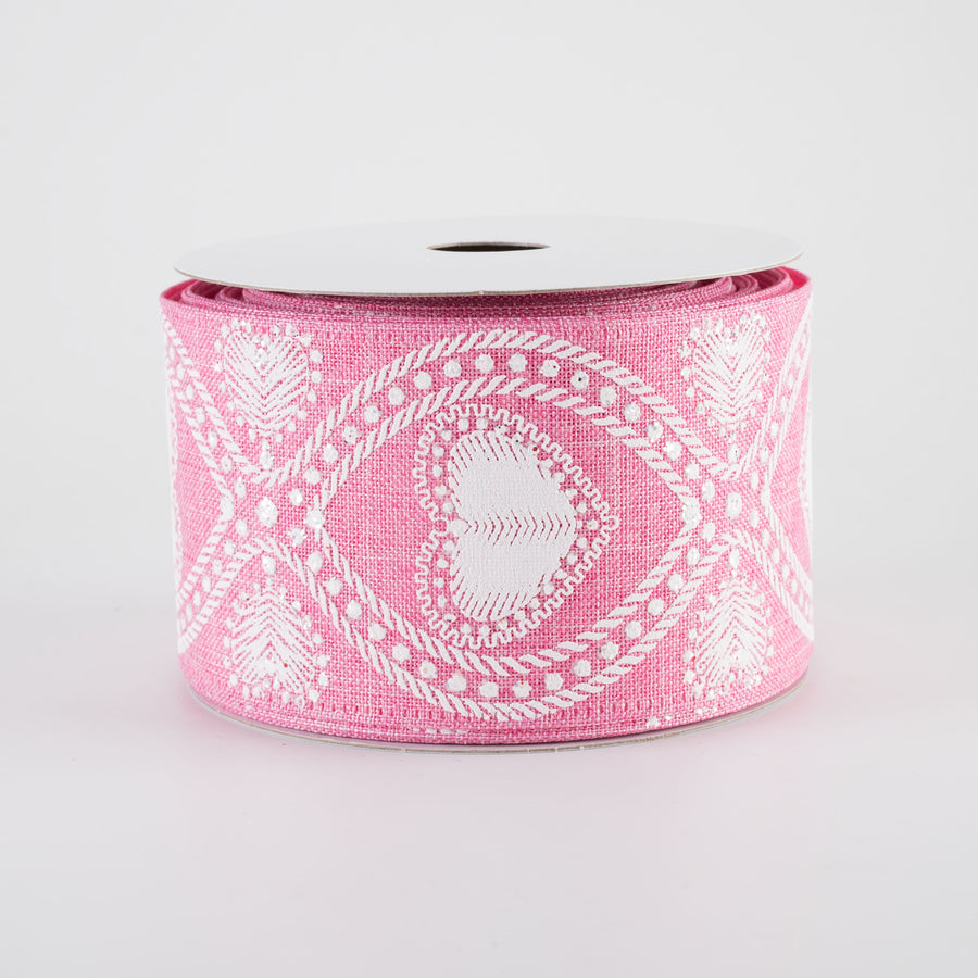 2.5" Linen Cat Eye Lace Hearts Ribbon: Pink (10 Yards)