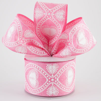 2.5" Linen Cat Eye Lace Hearts Ribbon: Pink (10 Yards)