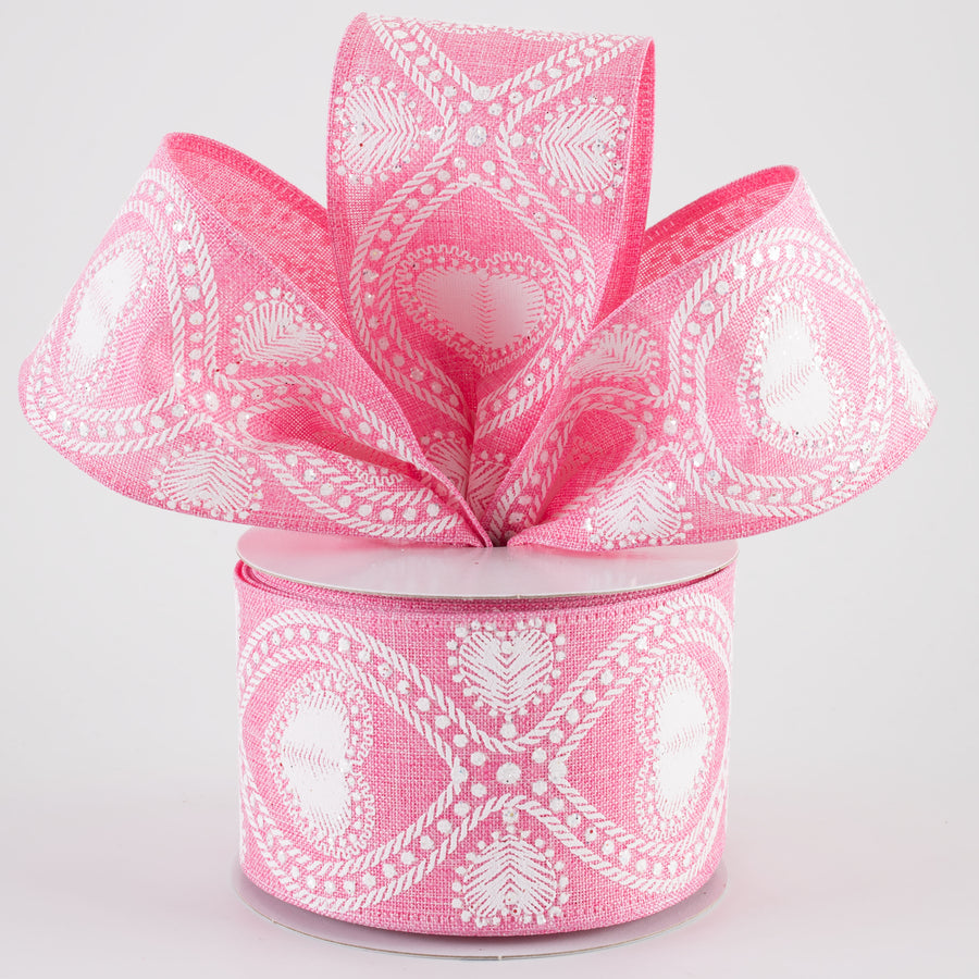 2.5" Linen Cat Eye Lace Hearts Ribbon: Pink (10 Yards)