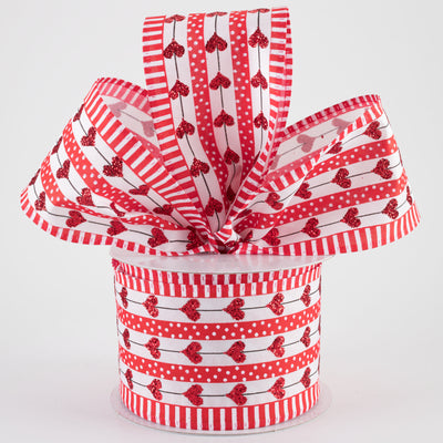 2.5" Stripy Dot Hearts Ribbon: Red, White & Black (10 Yards)