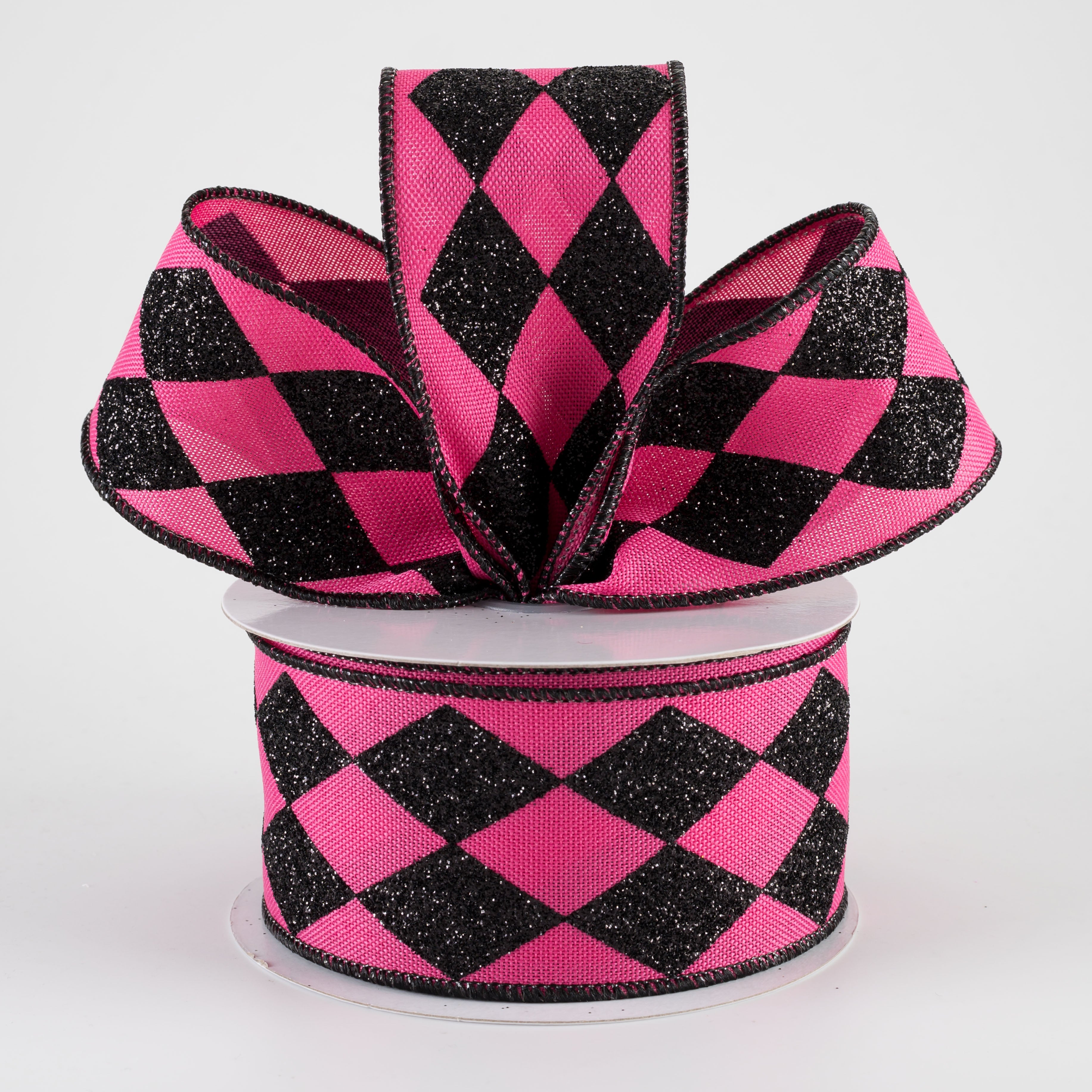 2" Glitter Harlequin Ribbon: Fuchsia Pink & Black (10 Yards)