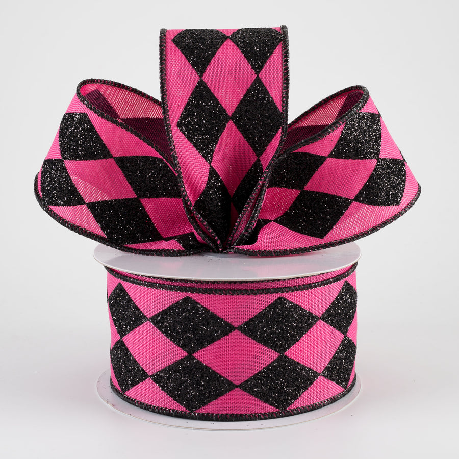 2" Glitter Harlequin Ribbon: Fuchsia Pink & Black (10 Yards)