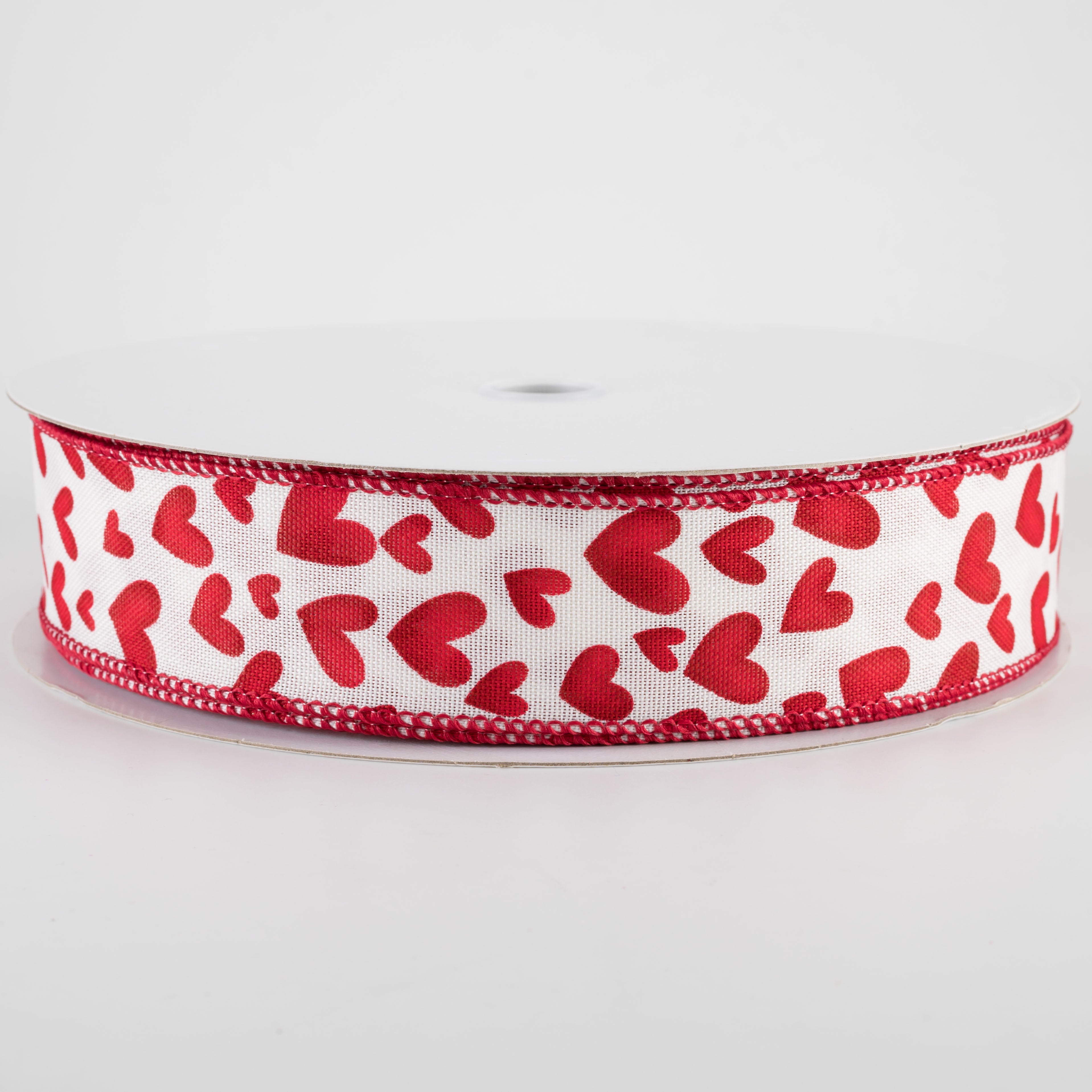 1.5" Linen Benson Hearts Ribbon: Ivory & Red (50 Yards)