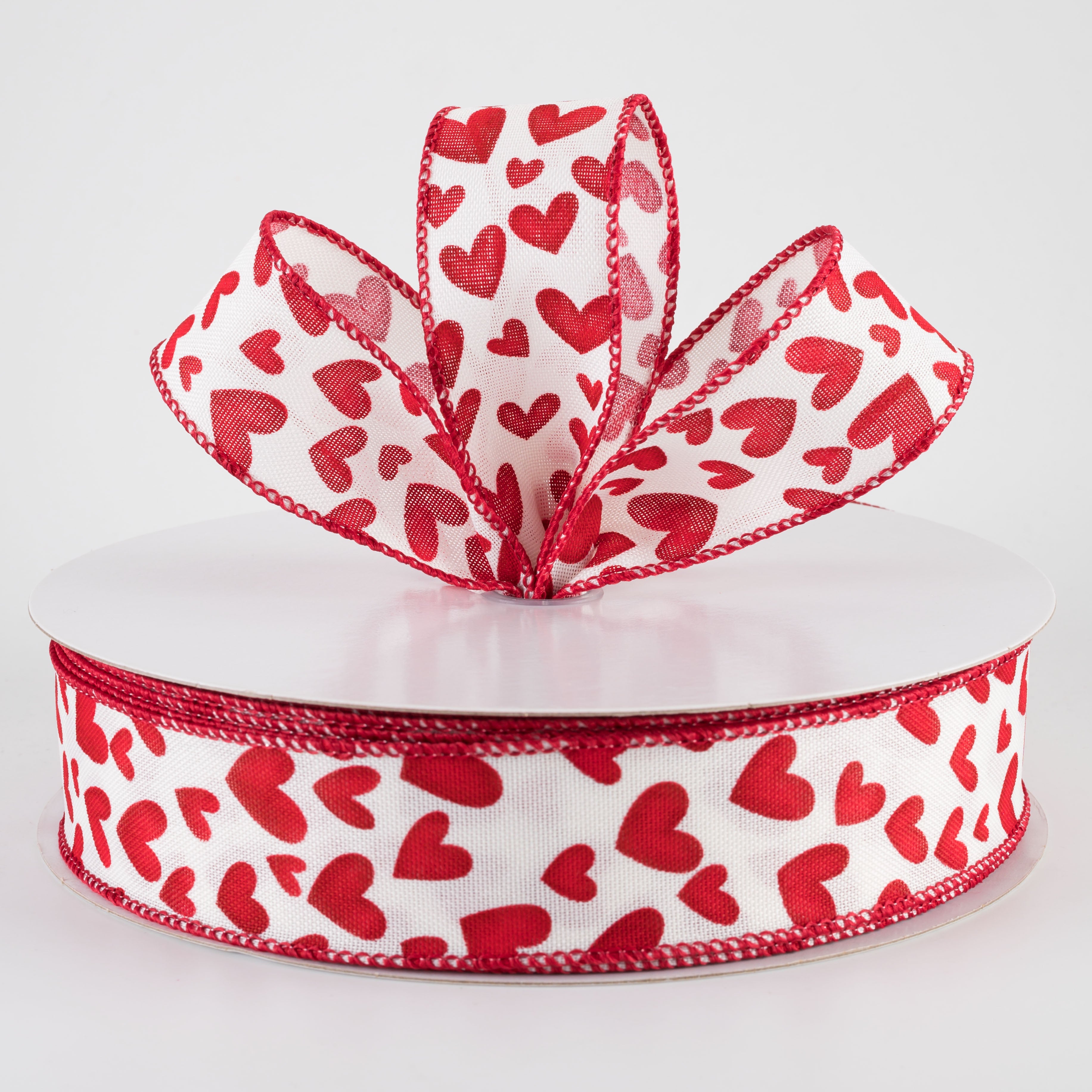 1.5" Linen Benson Hearts Ribbon: Ivory & Red (50 Yards)