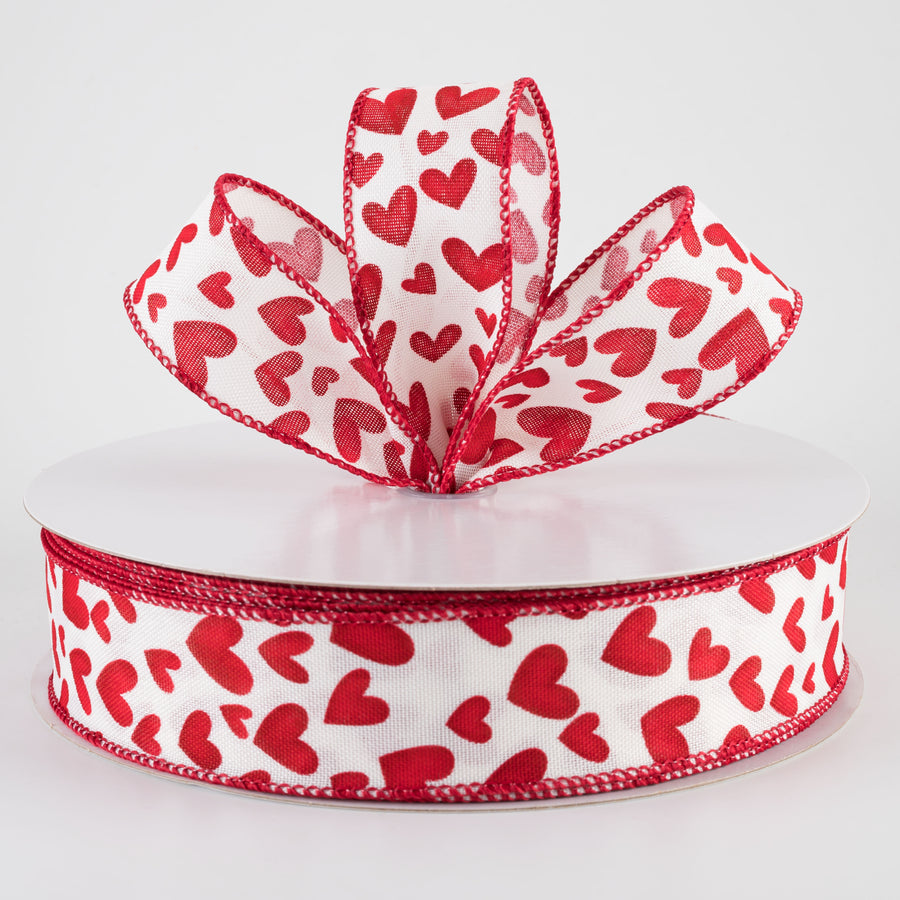 1.5" Linen Benson Hearts Ribbon: Ivory & Red (50 Yards)