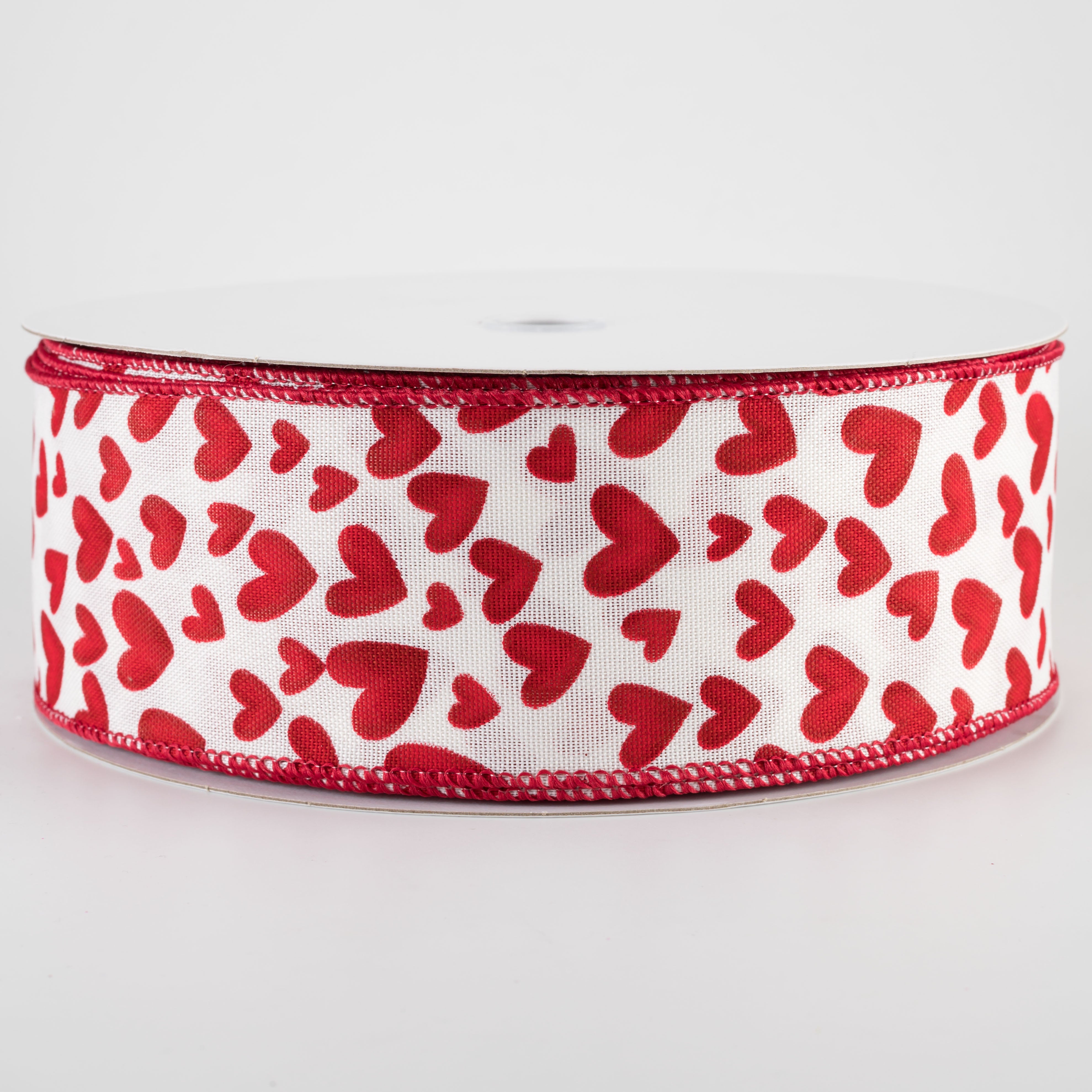 2.5" Linen Benson Hearts Ribbon: Ivory & Red (50 Yards)