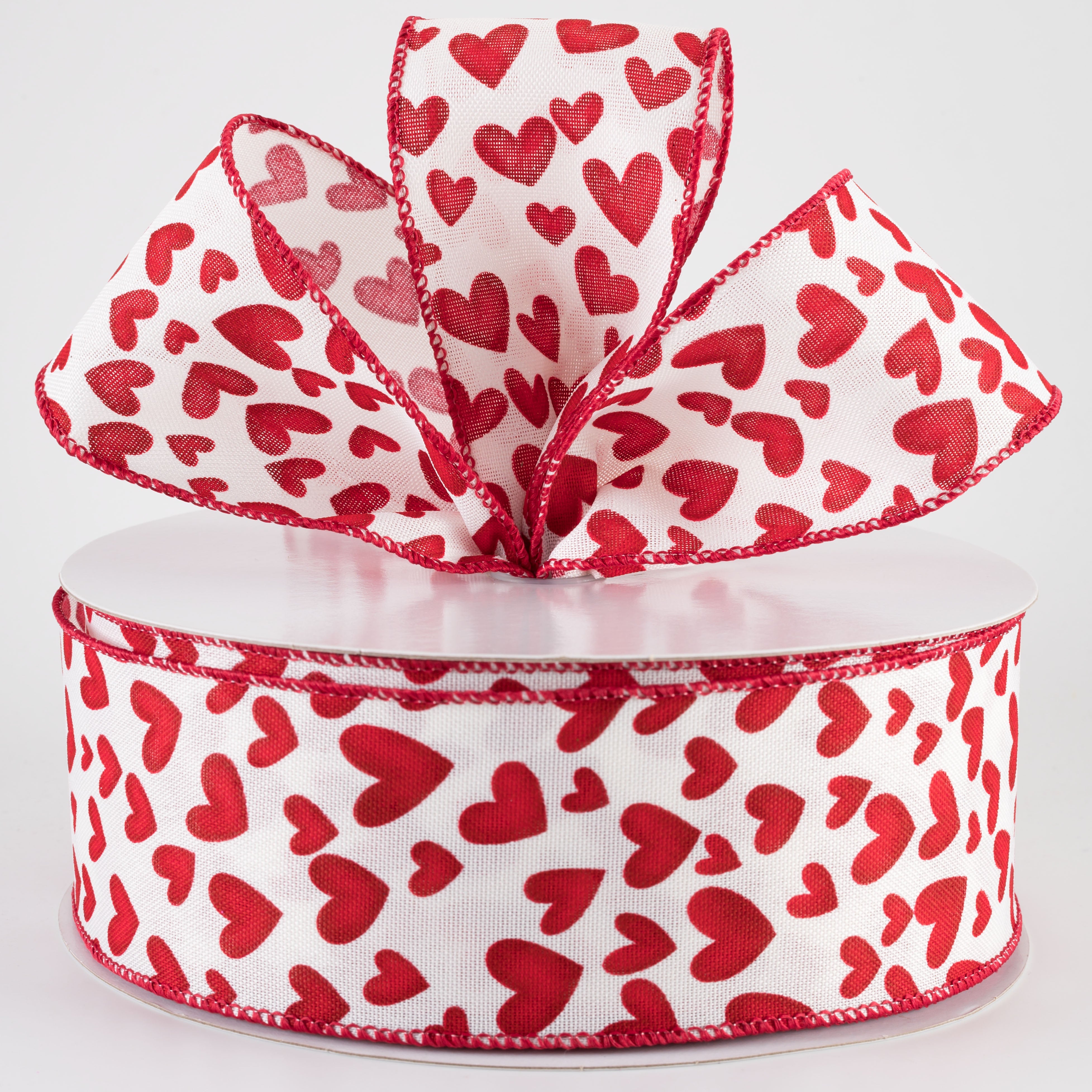 2.5" Linen Benson Hearts Ribbon: Ivory & Red (50 Yards)