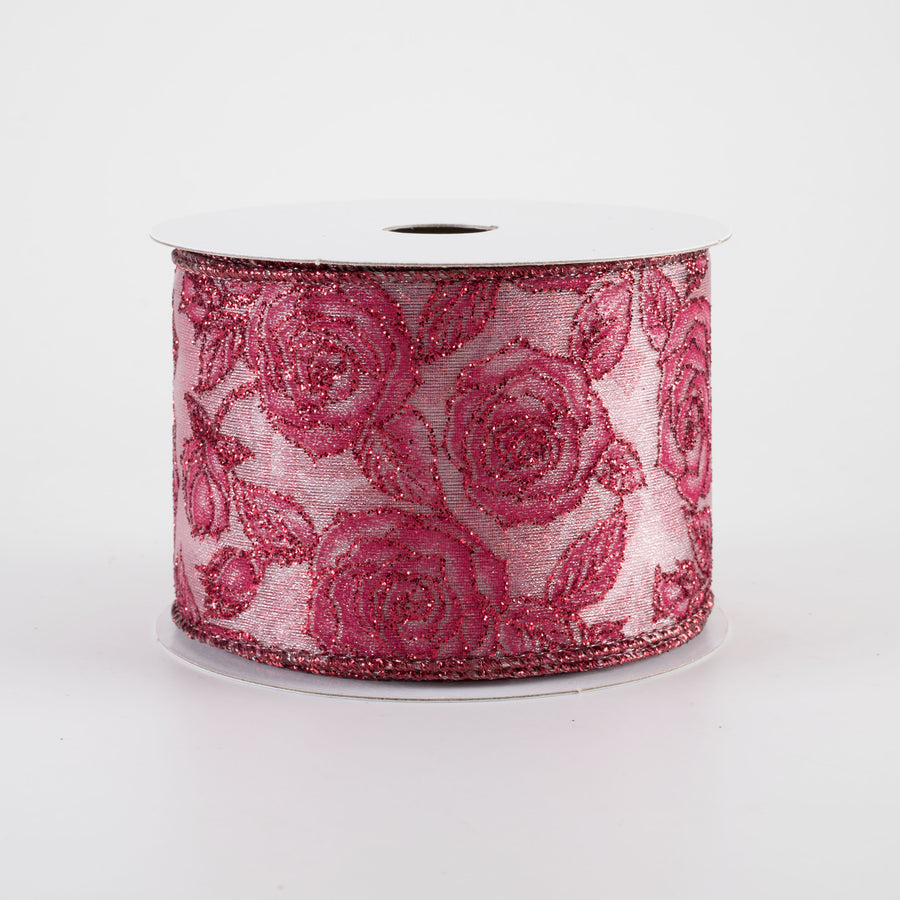 2.5" Sheer Glittered Roses Ribbon: Beauty Pink (10 Yards)