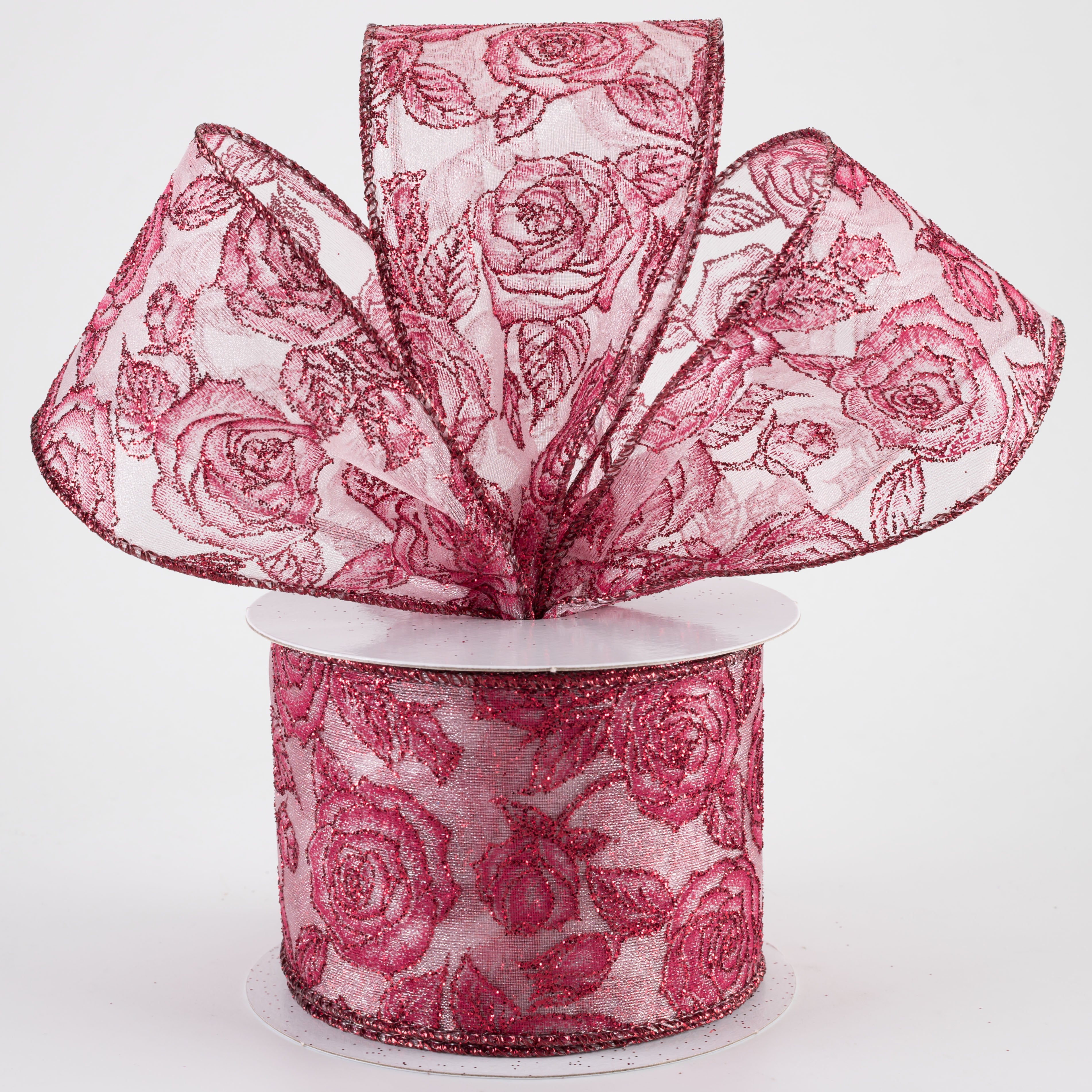 2.5" Sheer Glittered Roses Ribbon: Beauty Pink (10 Yards)