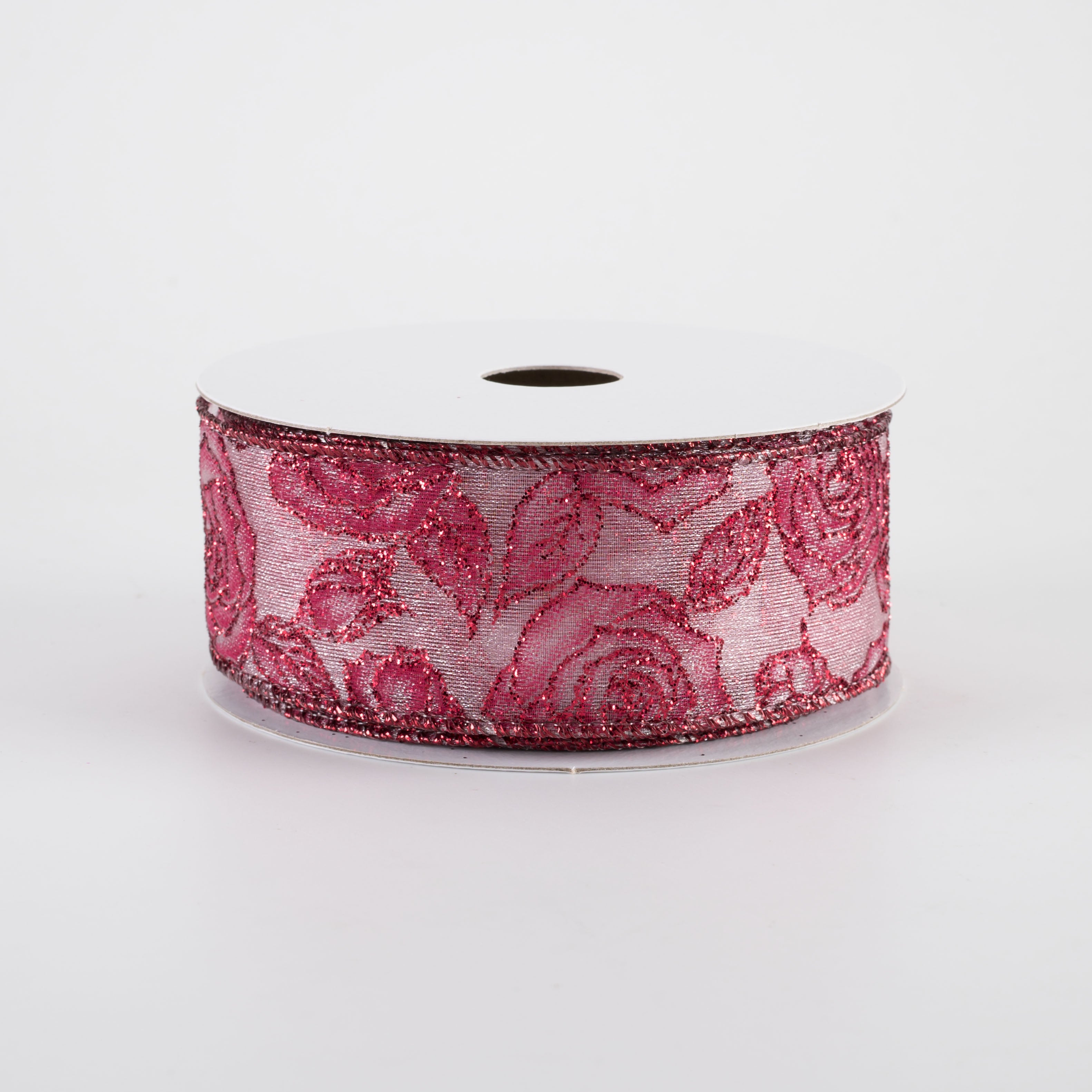 1.5" Sheer Glittered Roses Ribbon: Beauty Pink (10 Yards)
