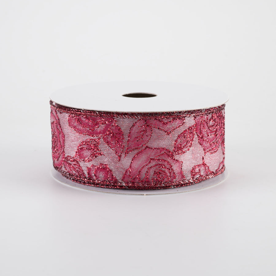 1.5" Sheer Glittered Roses Ribbon: Beauty Pink (10 Yards)