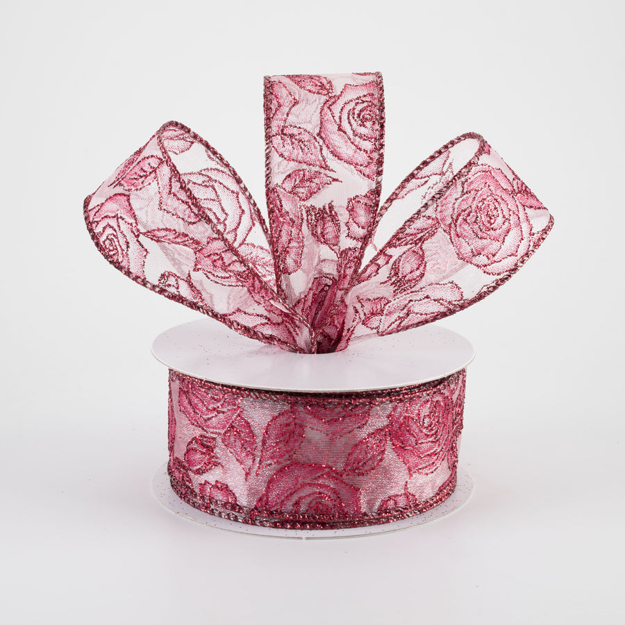 1.5" Sheer Glittered Roses Ribbon: Beauty Pink (10 Yards)