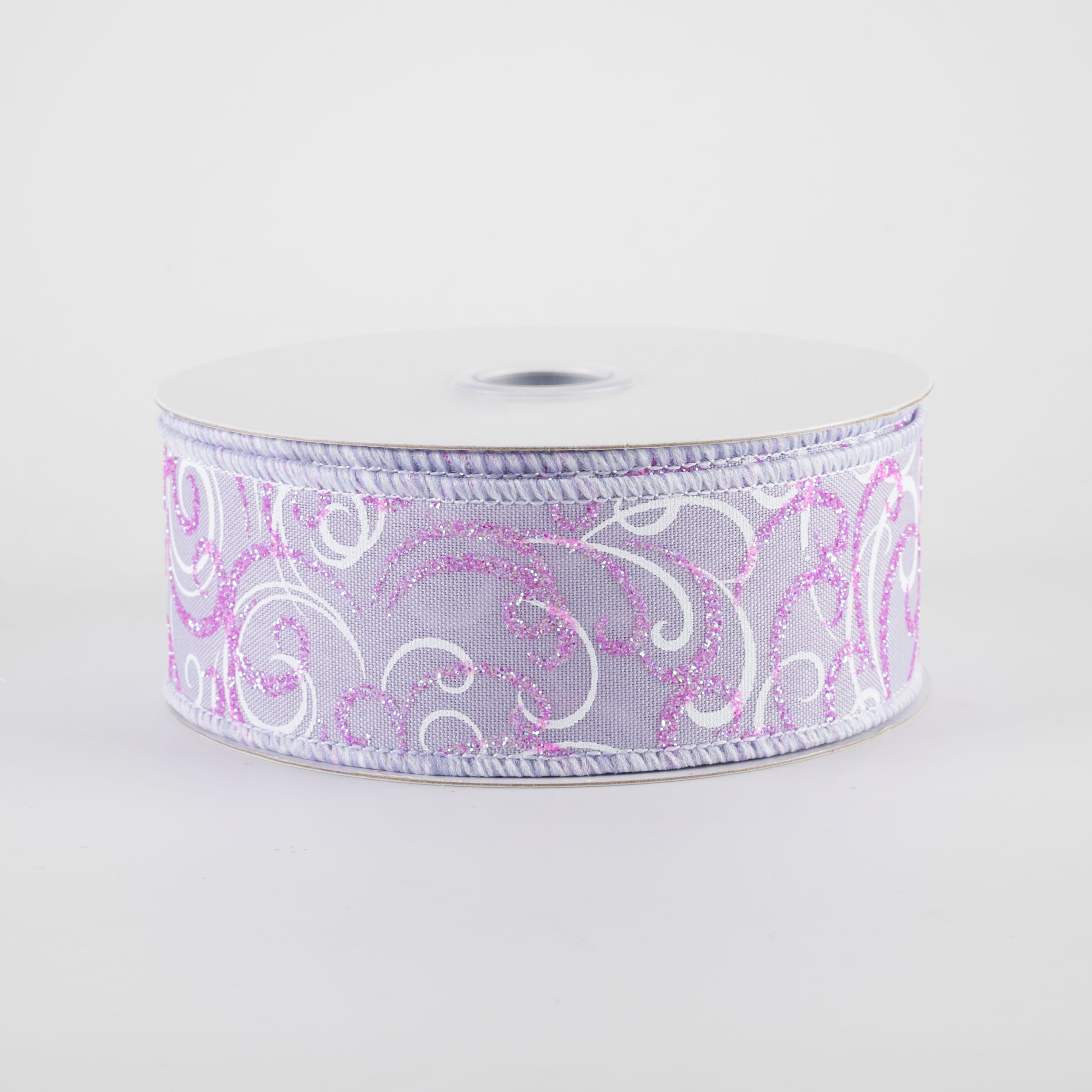 1.5" Glittered Multi Swirls Ribbon: Iridescent Pink & White on Lavender (10 Yards)