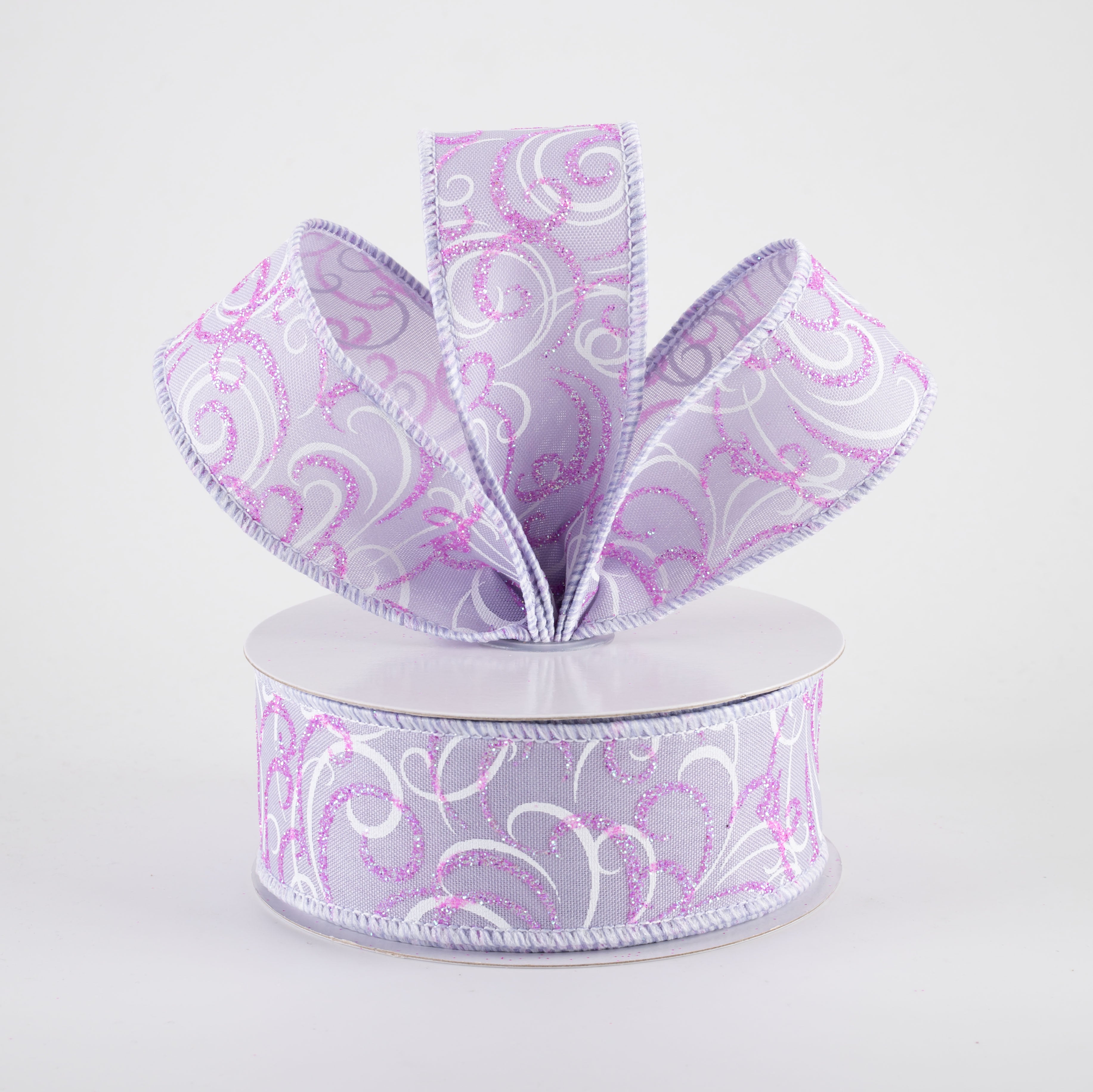 1.5" Glittered Multi Swirls Ribbon: Iridescent Pink & White on Lavender (10 Yards)