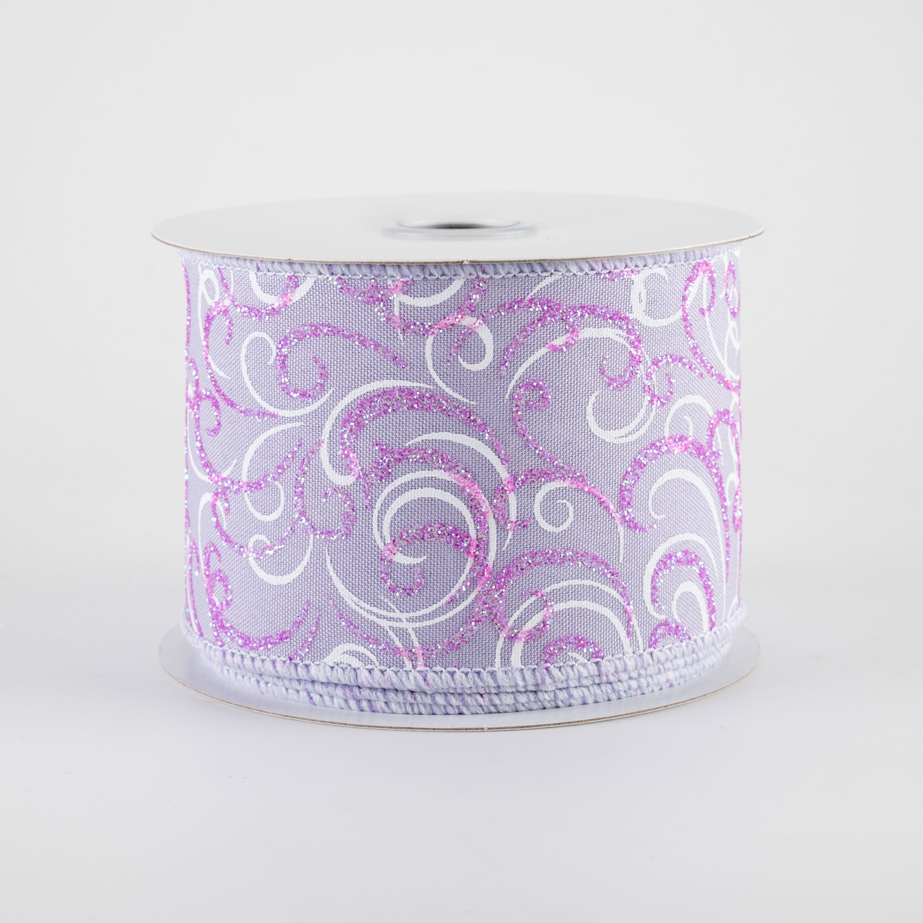 2.5" Glittered Multi Swirls Ribbon: Iridescent Pink & White on Lavender (10 Yards)