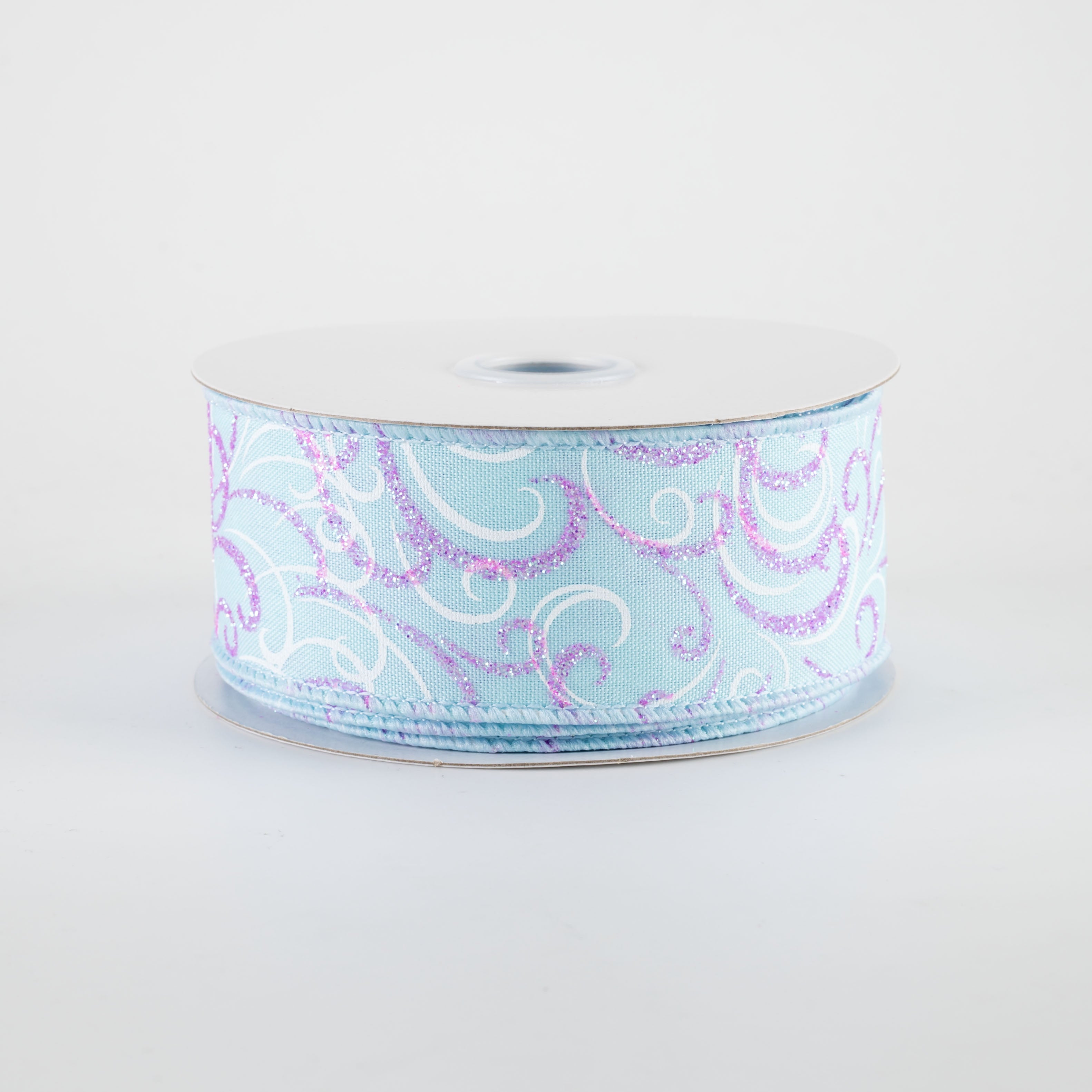 1.5" Glittered Multi Swirls Ribbon: Iridescent Pink & White on Light Blue (10 Yards)