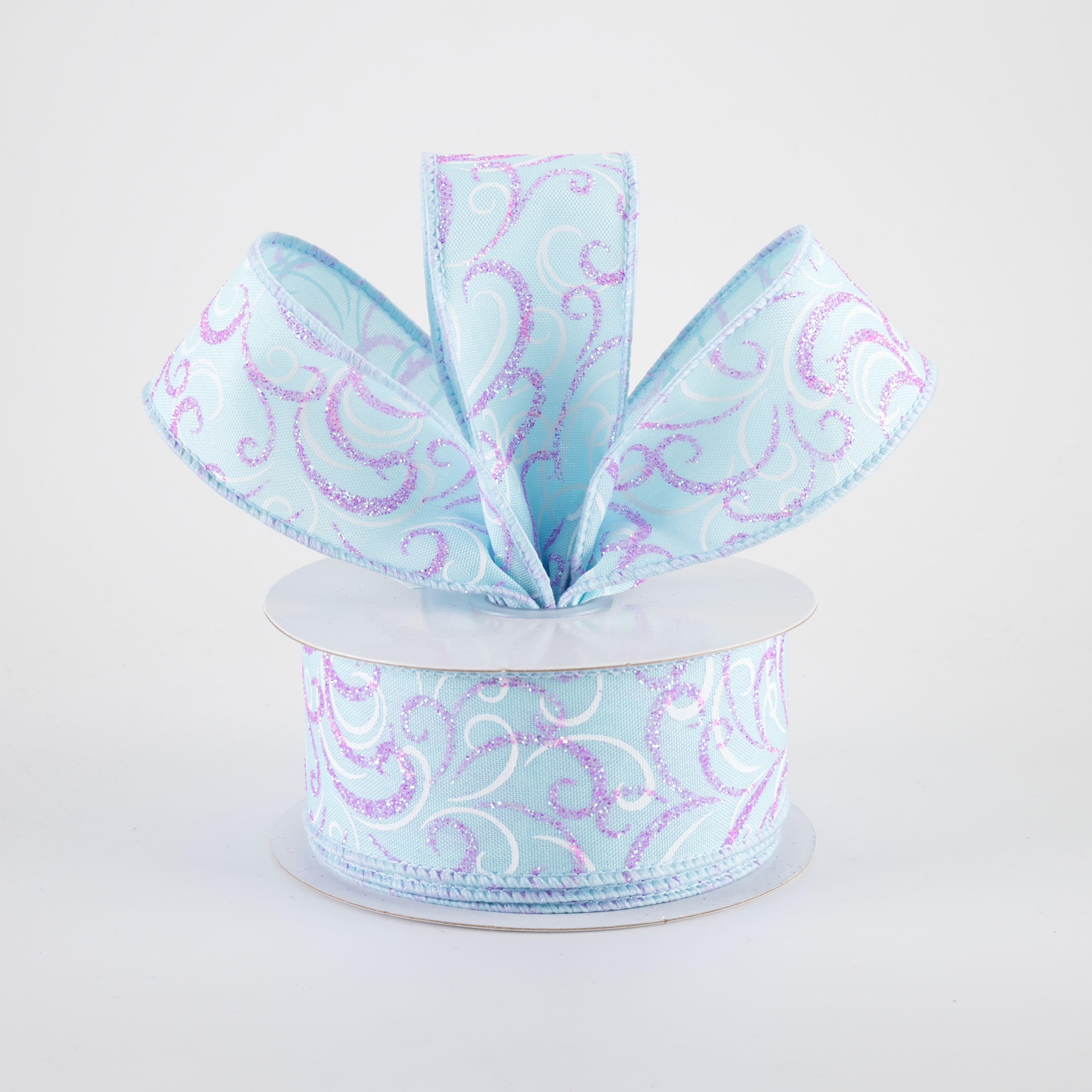 1.5" Glittered Multi Swirls Ribbon: Iridescent Pink & White on Light Blue (10 Yards)
