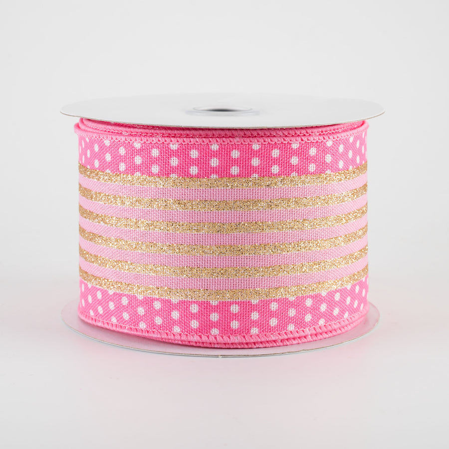 2.5" Vertical Stripe Dot Edge Ribbon: Pink, White & Gold (10 Yards)