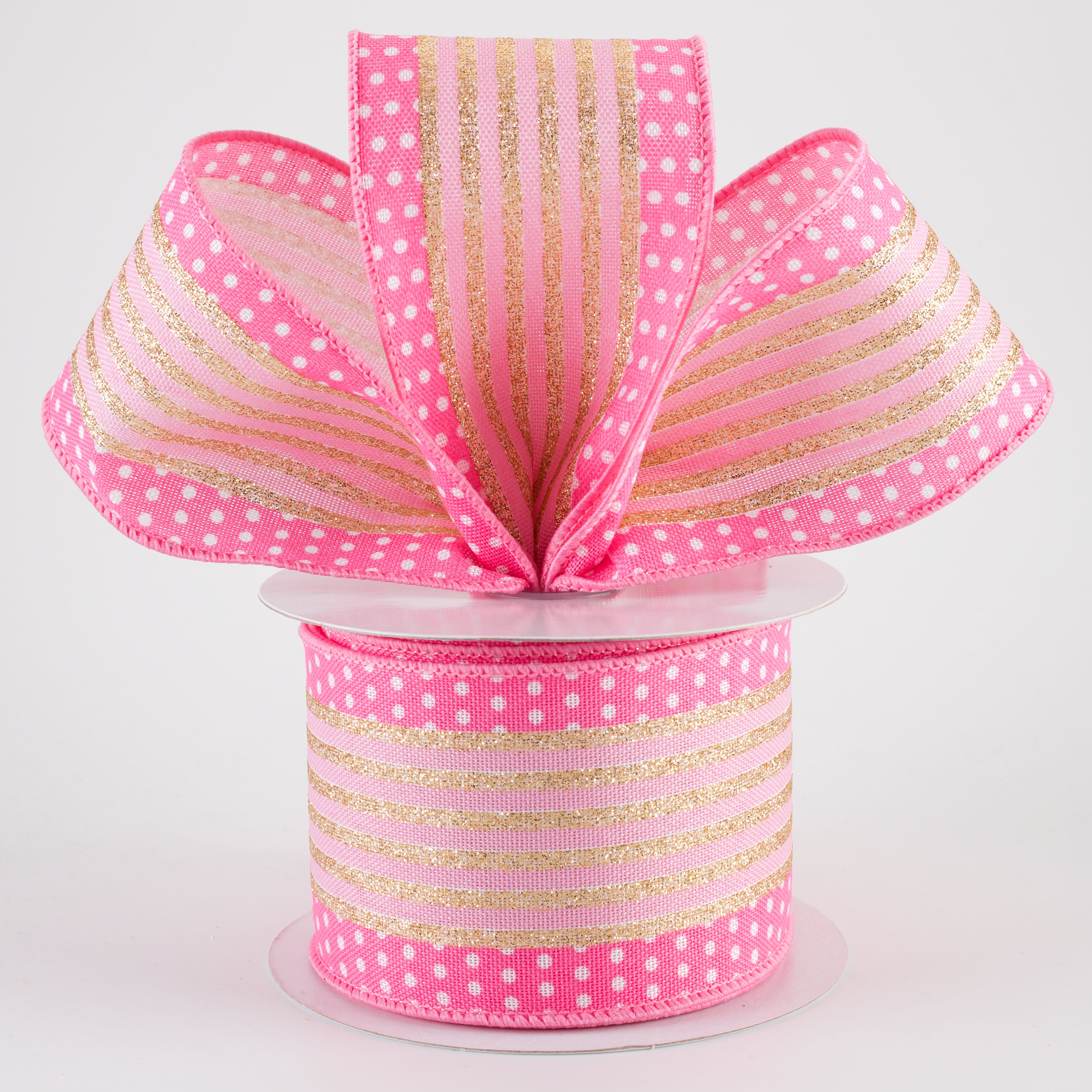 2.5" Vertical Stripe Dot Edge Ribbon: Pink, White & Gold (10 Yards)