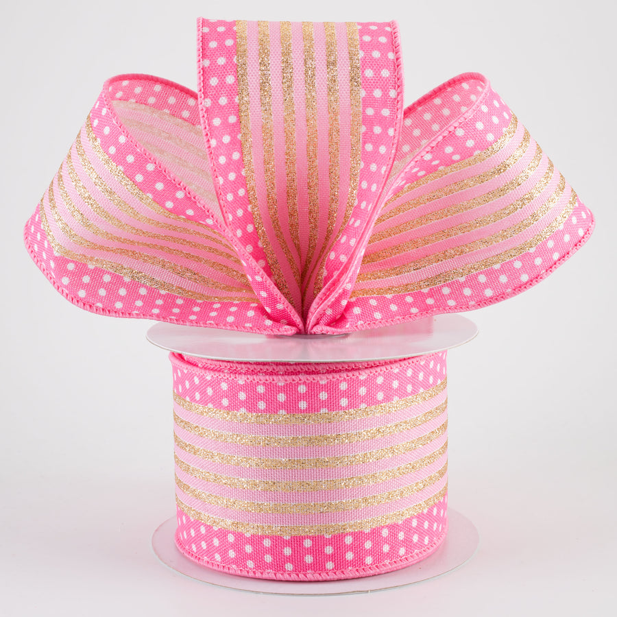 2.5" Vertical Stripe Dot Edge Ribbon: Pink, White & Gold (10 Yards)