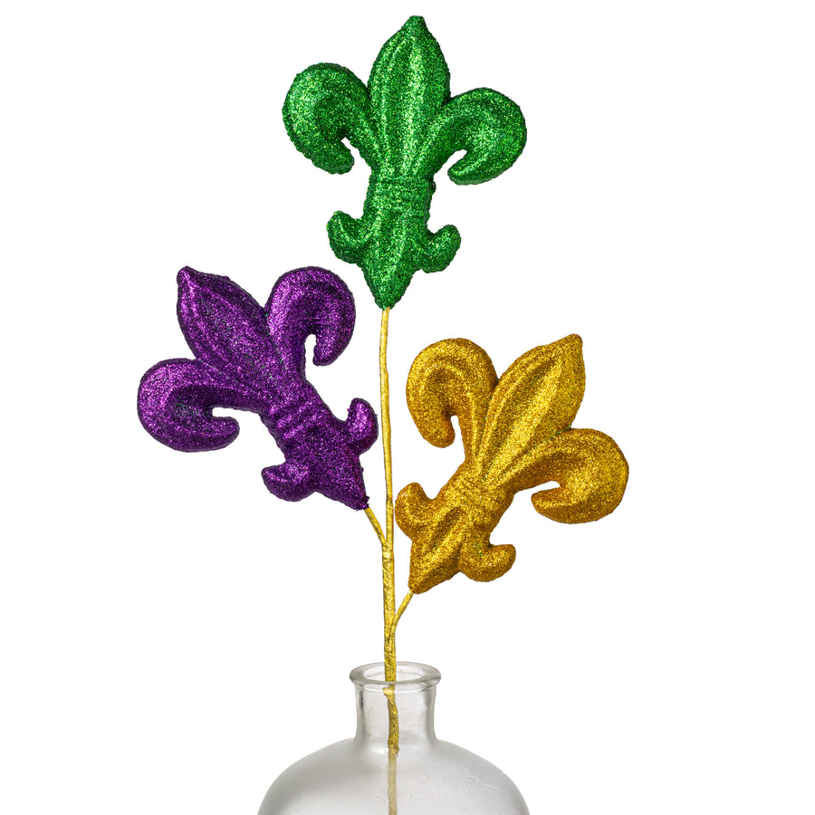 28" Glittered Fleur de Lis Spray: Mardi Gras