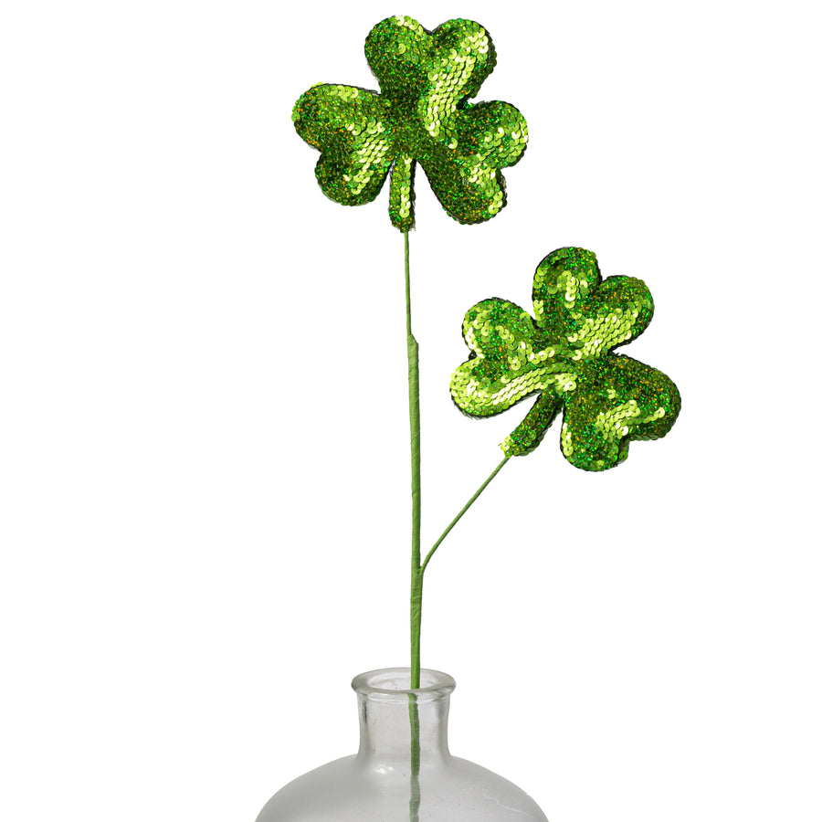 26" Sequin Shamrocks Clover Spray: Lime Green