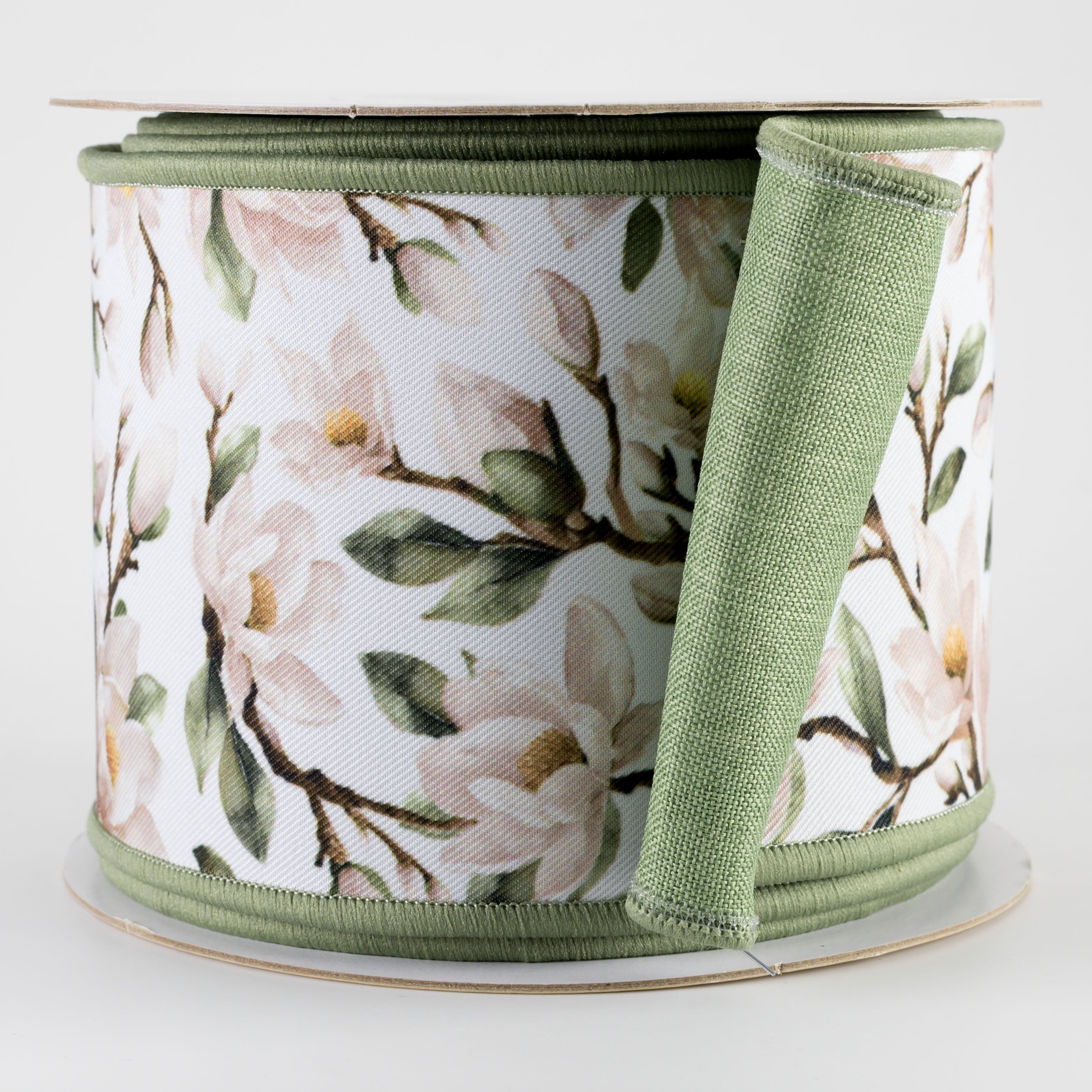 4" Double Sided Fused Magnolia Blossoms Ribbon: Green (10 Yards)