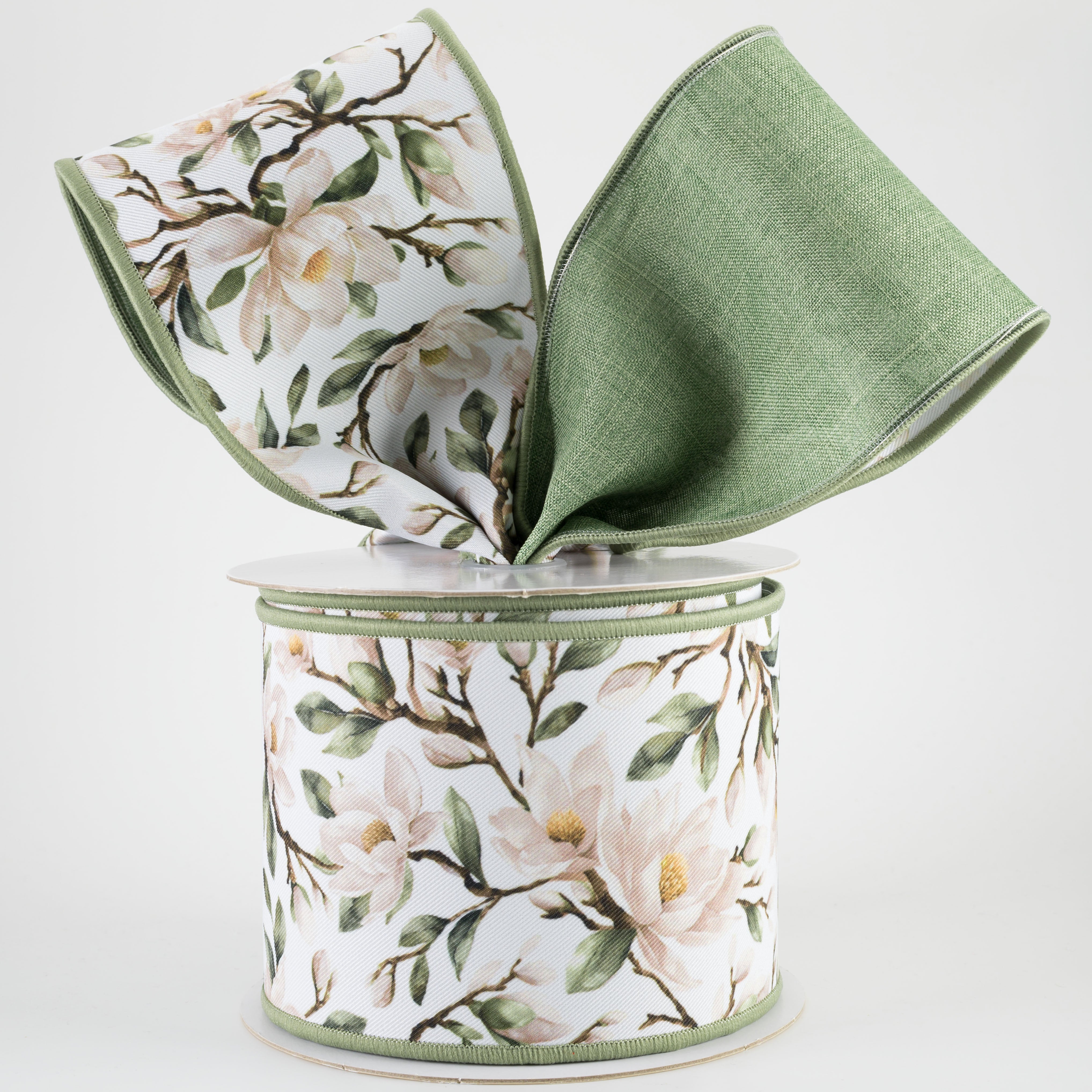 4" Double Sided Fused Magnolia Blossoms Ribbon: Green (10 Yards)