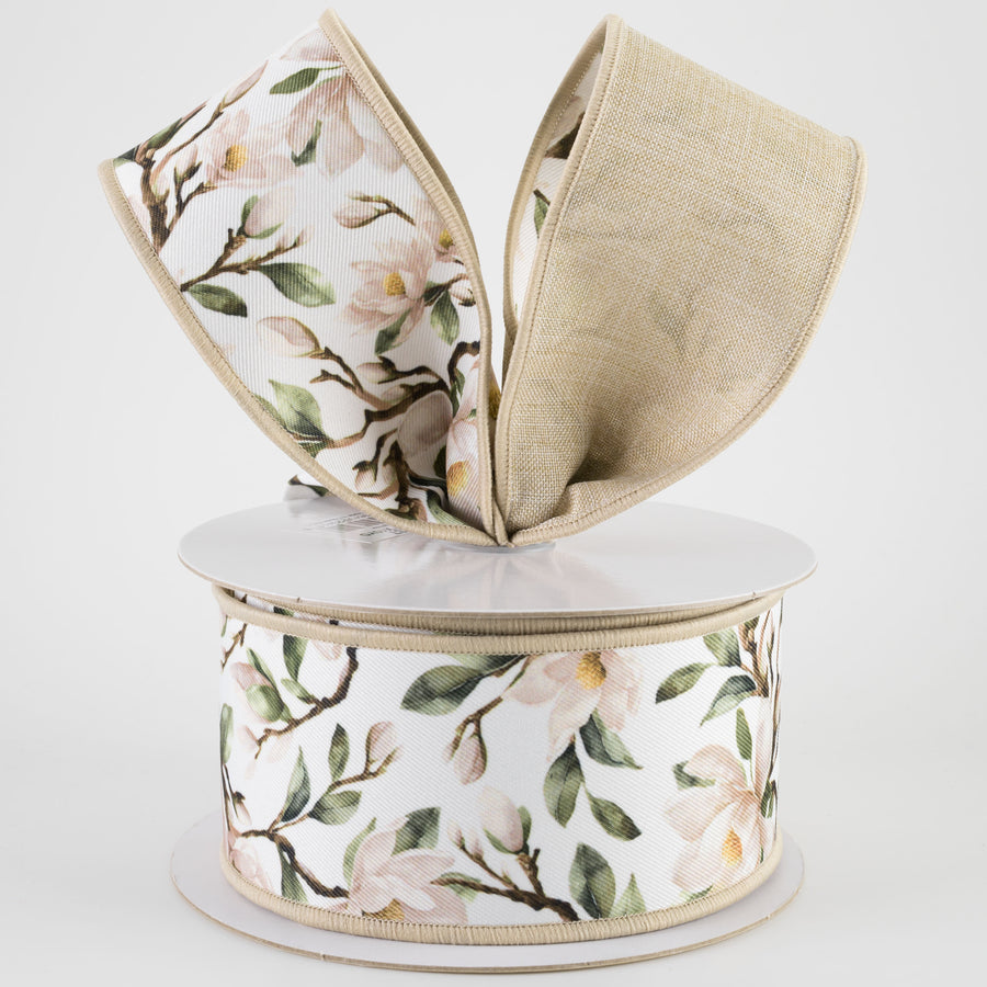2.5" Double Sided Fused Magnolia Blossoms Ribbon: Ivory (10 Yards)