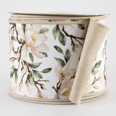 4" Double Sided Fused Magnolia Blossoms Ribbon: Ivory (10 Yards)