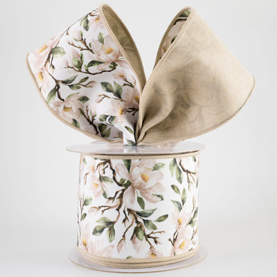 4" Double Sided Fused Magnolia Blossoms Ribbon: Ivory (10 Yards)