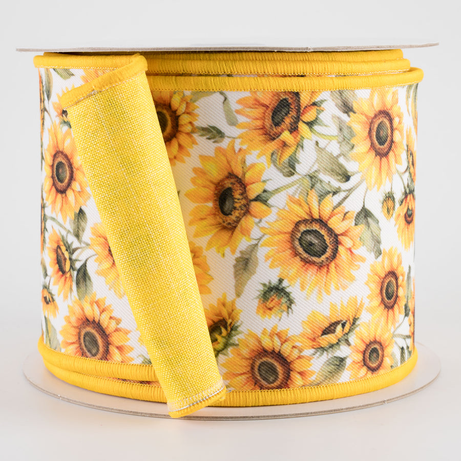 4" Double Sided Fused Sunflowers Ribbon (10 Yards)