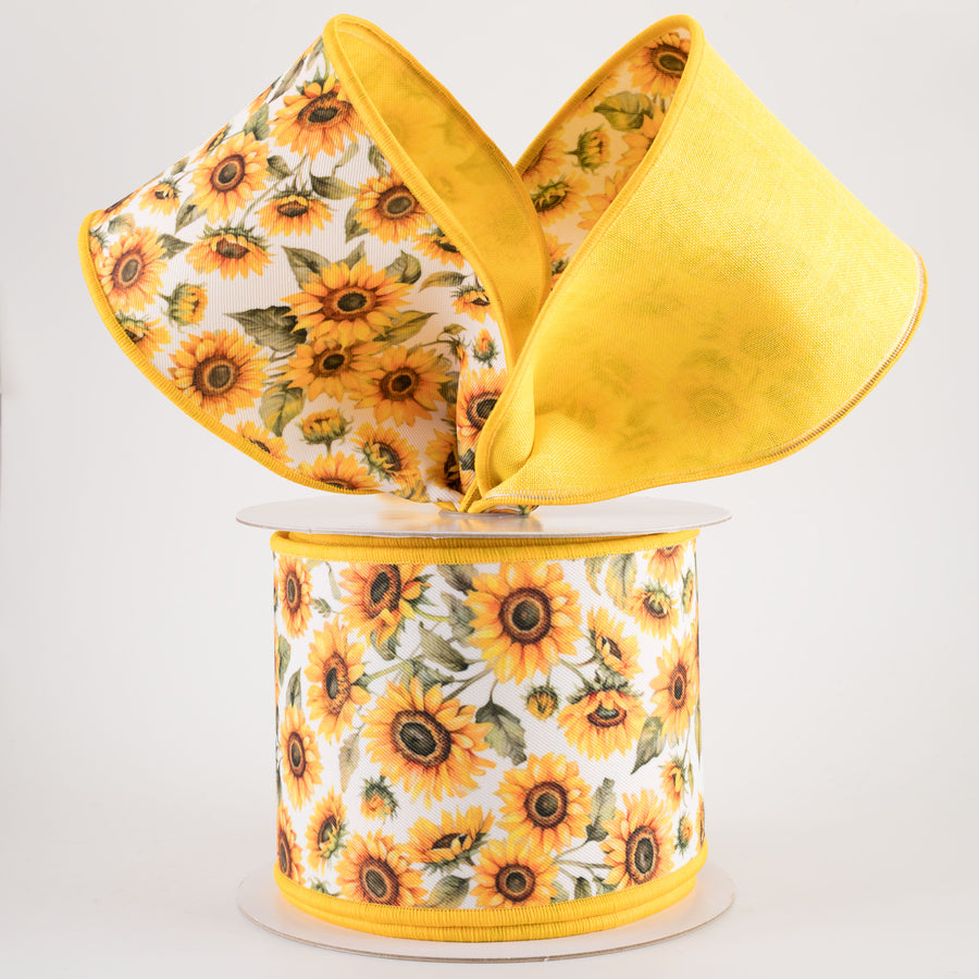 4" Double Sided Fused Sunflowers Ribbon (10 Yards)