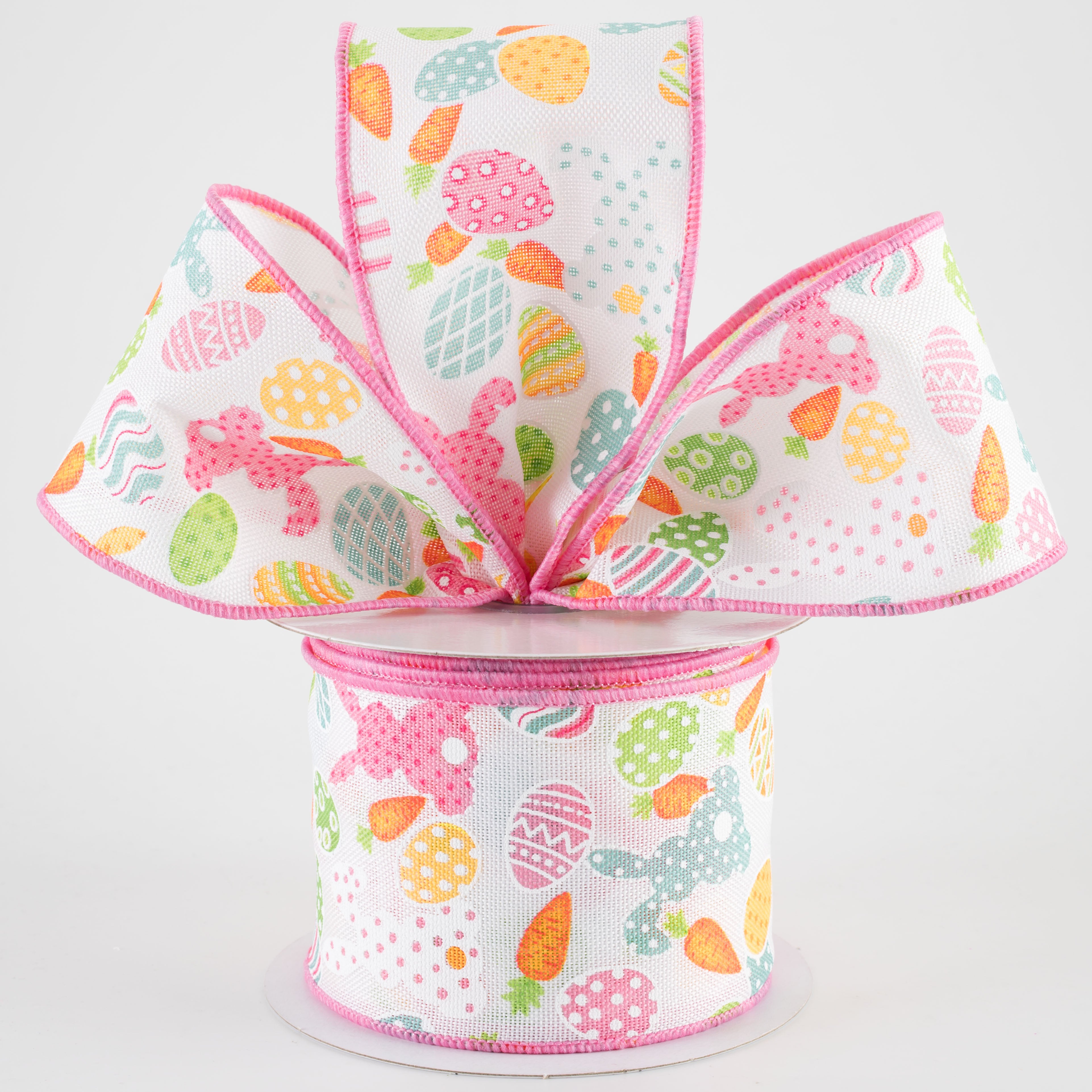 2.5" Bunny Silhouettes, Easter Eggs & Carrots Ribbon: White (10 Yards)