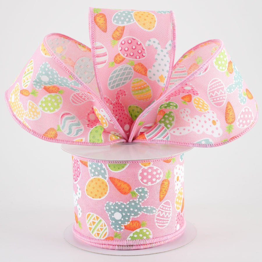 2.5" Bunny Silhouettes, Easter Eggs & Carrots Ribbon: Soft Pink (10 Yards)