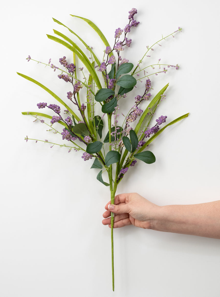26" Mini Berry Clusters & Leaves Spray: Lavender Purple