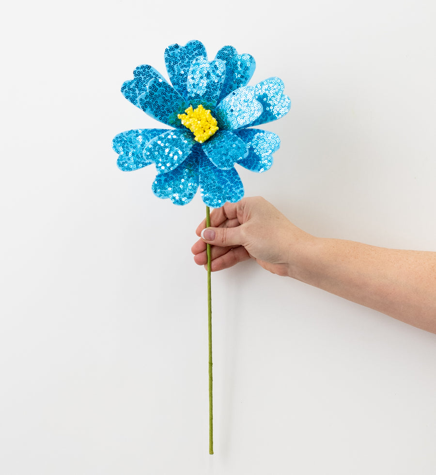 8" x 18" Sequin Daisy Flower Stem: Blue