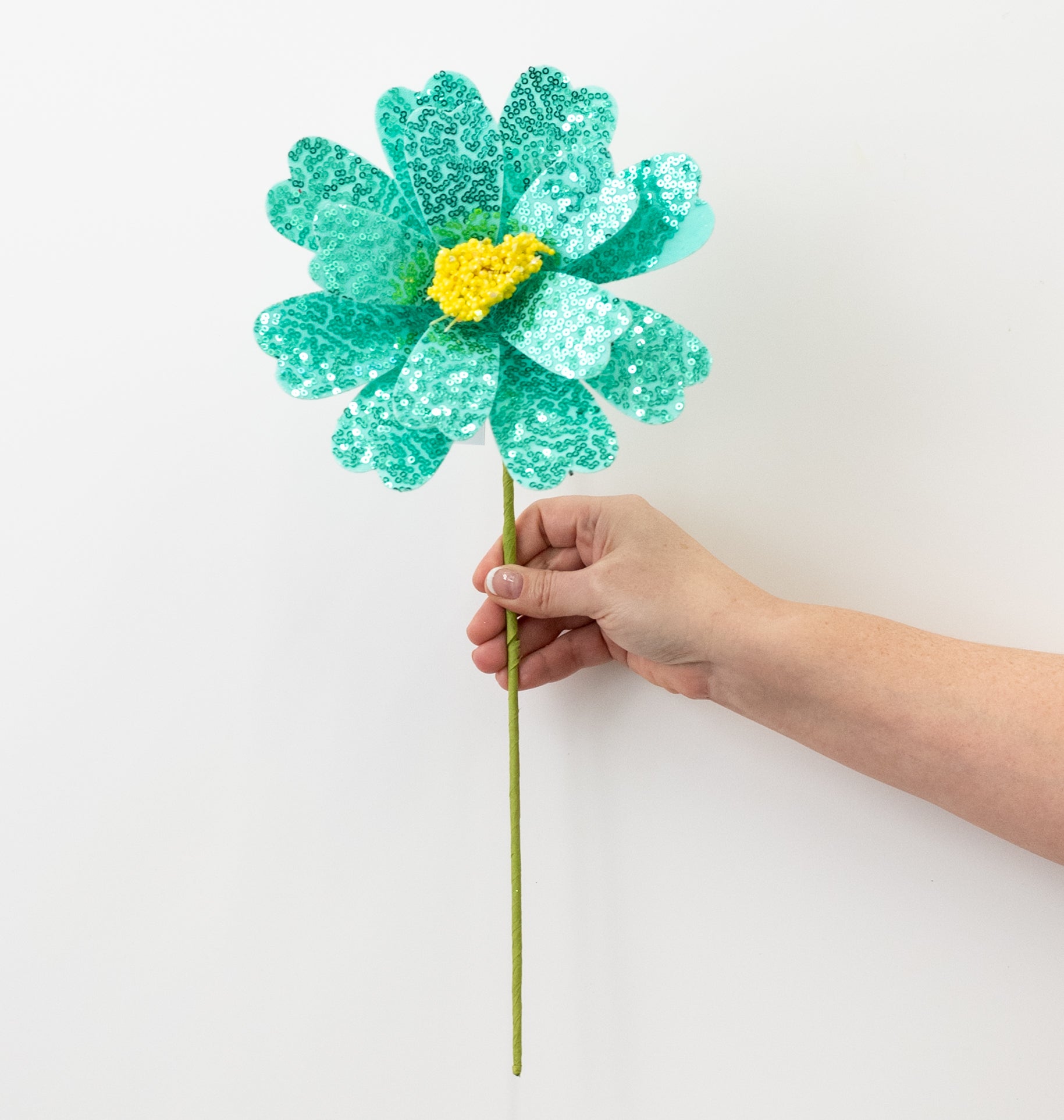 8" x 18" Sequin Daisy Flower Stem: Turquoise Blue