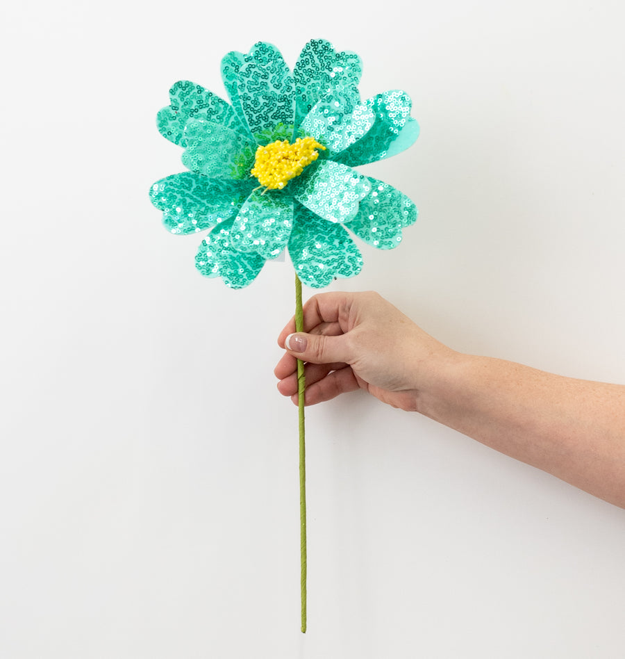 8" x 18" Sequin Daisy Flower Stem: Turquoise Blue