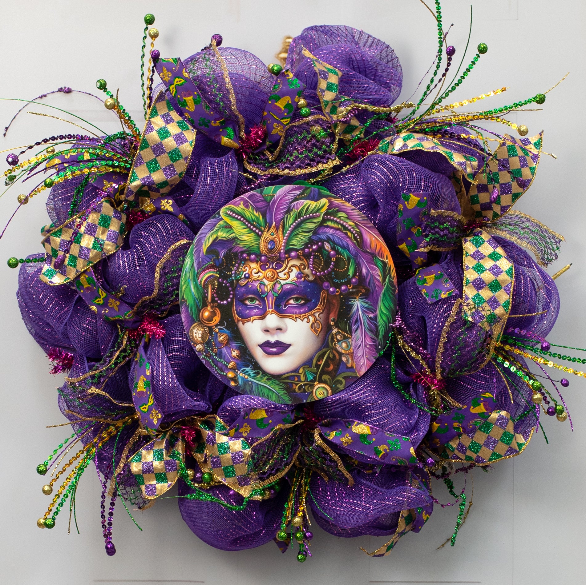10.5" Round Waterproof Sign: Purple Mardi Gras Jester Lady Face