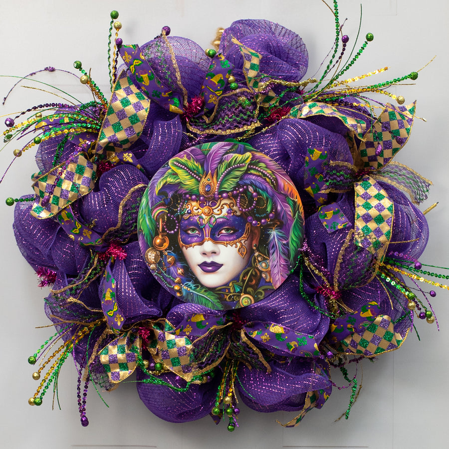 10.5" Round Waterproof Sign: Purple Mardi Gras Jester Lady Face