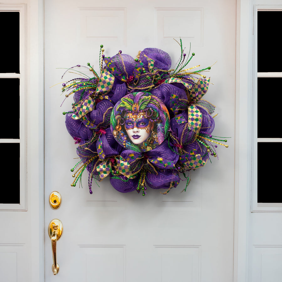 10.5" Round Waterproof Sign: Purple Mardi Gras Jester Lady Face