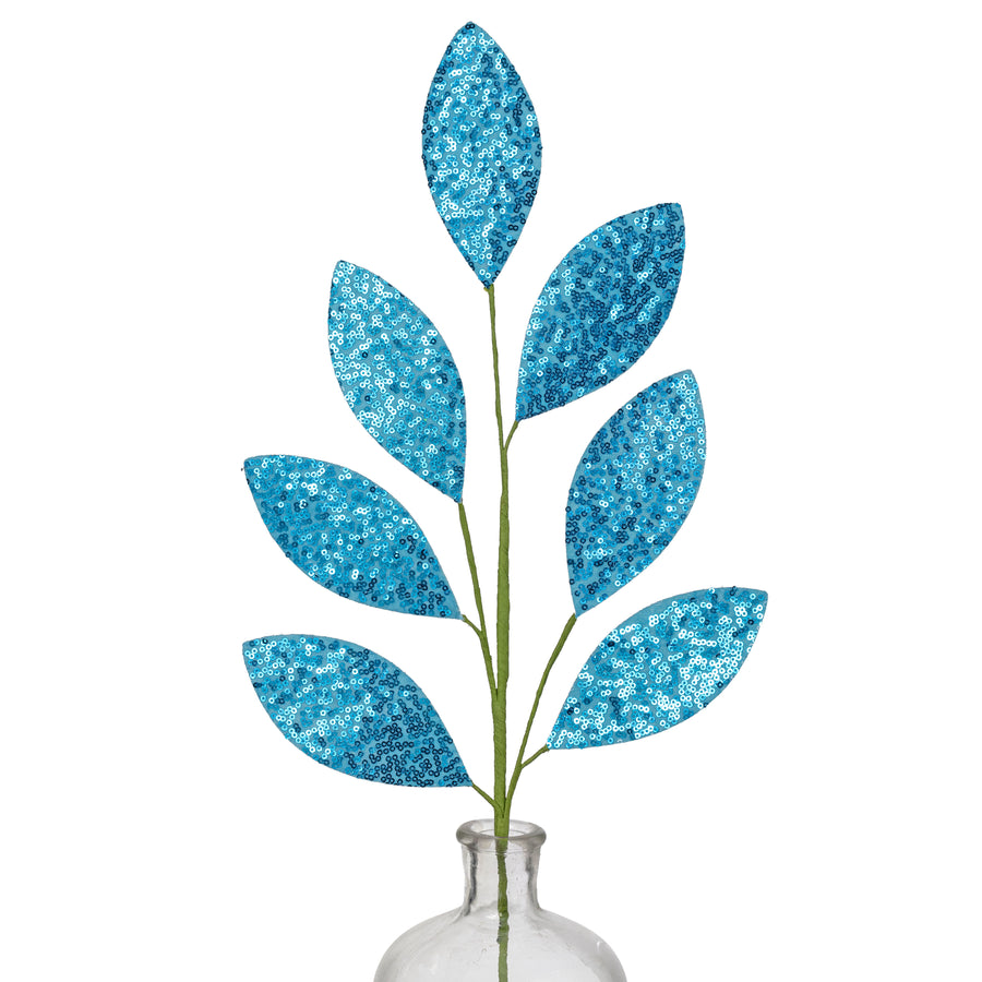 27" Sequin Leaf Spray: Blue