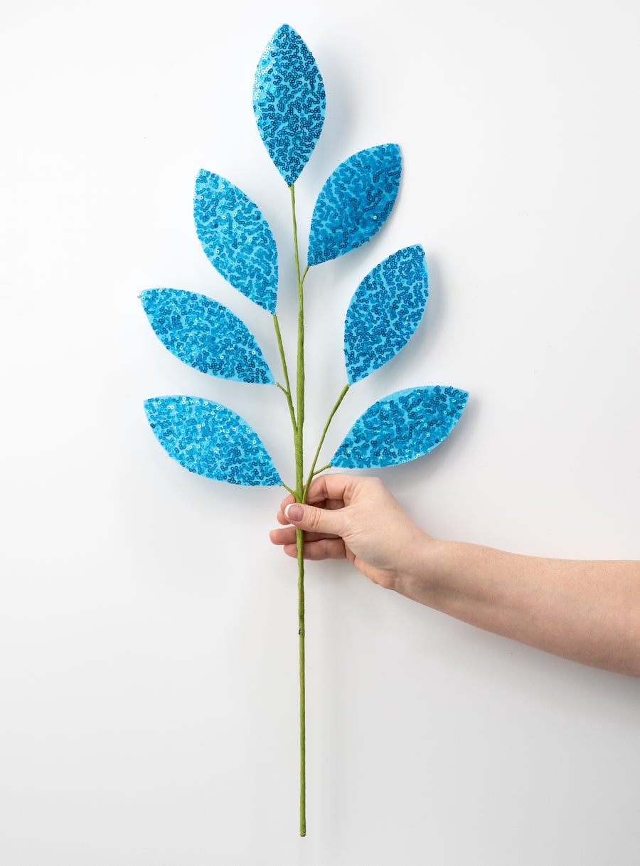 27" Sequin Leaf Spray: Blue